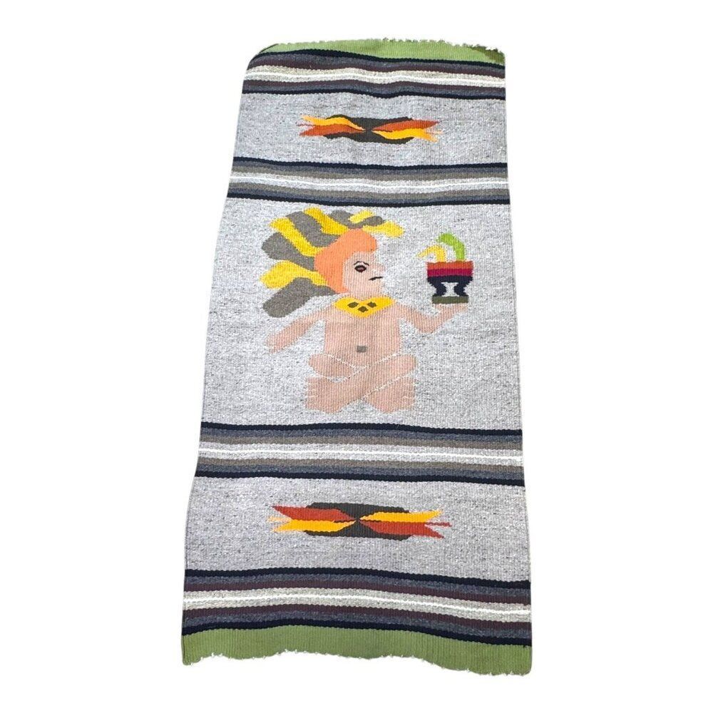 Vintage Handmade Woven Wall Tapestry With Aztec God Medicine Man 63X29.5 Mexico